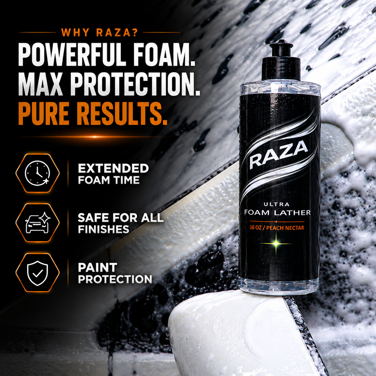 RAZA FOAM LATHER - pH Neutral - High Foaming - Peach Nectar Scent - Highly Dilutable