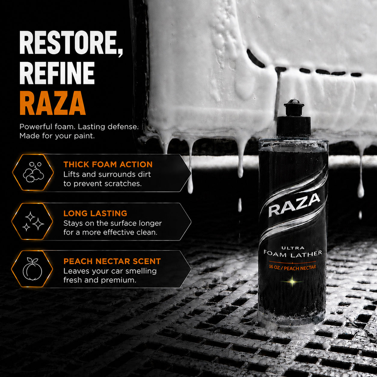 RAZA FOAM LATHER - pH Neutral - High Foaming - Peach Nectar Scent - Highly Dilutable